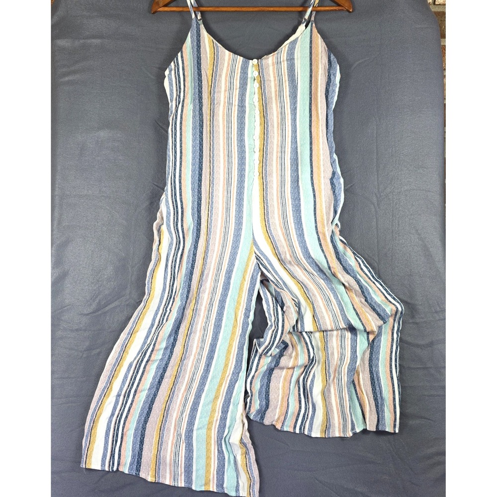 Hem & Thread Women Romper Sz Small White Pastel Striped Strappy Cropped Leg